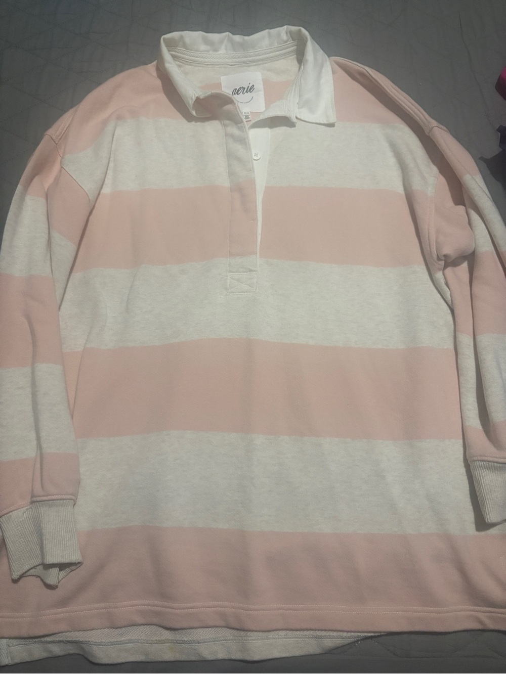 aerie Pale Pink and White Striped Rugby Shirt